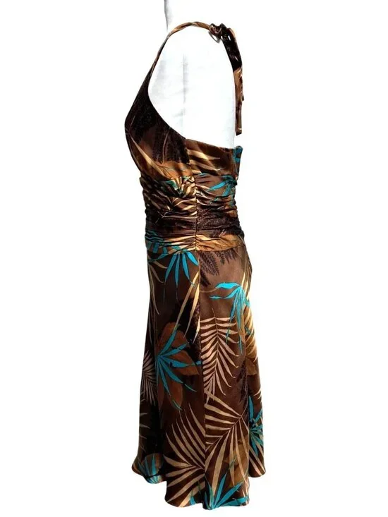 Jones New York Silk Halter Dress Womens Size 8 Brown Tropical Print Ruched Waist - Picture 6 of 9